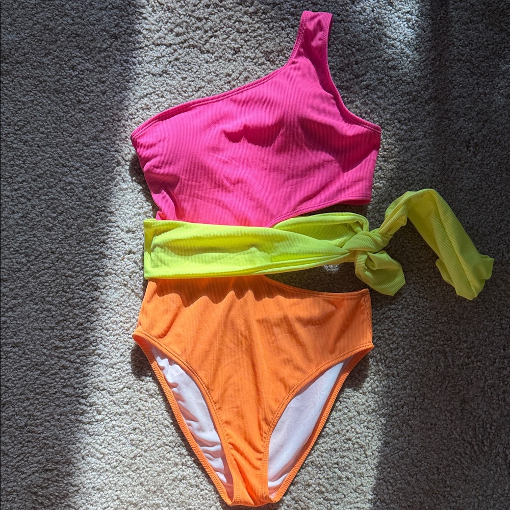 Bold One-Shoulder Swimsuit in Pink, Yellow, and Orange